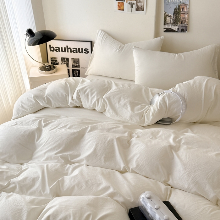 91家纺网 家纺一手货源 找家纺 桔禾家纺 2025新款ins风纯色水洗棉四件套双拼水洗棉学生三件套四件套 月光白