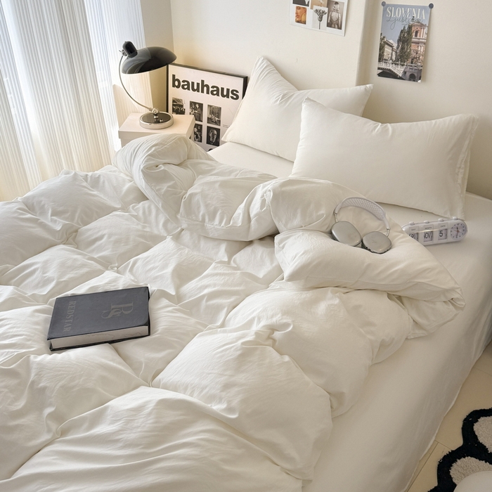 91家纺网 家纺一手货源 找家纺 桔禾家纺 2025新款ins风纯色水洗棉四件套双拼水洗棉学生三件套四件套 月光白