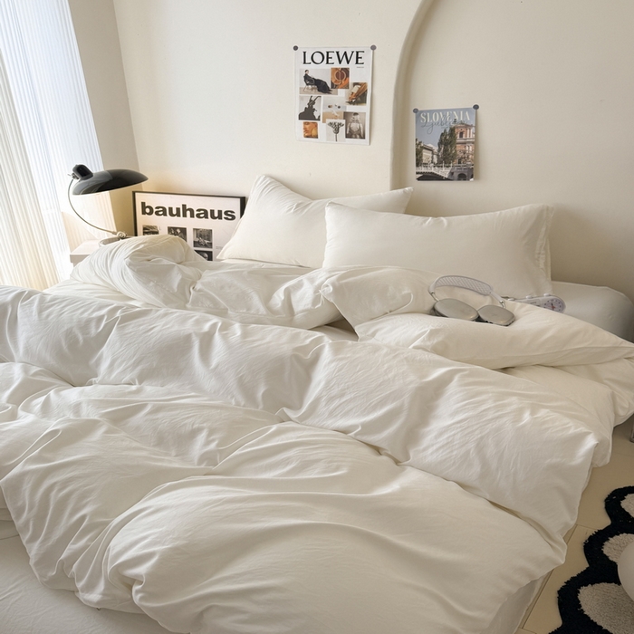 91家纺网 家纺一手货源 找家纺 桔禾家纺 2025新款ins风纯色水洗棉四件套双拼水洗棉学生三件套四件套 月光白