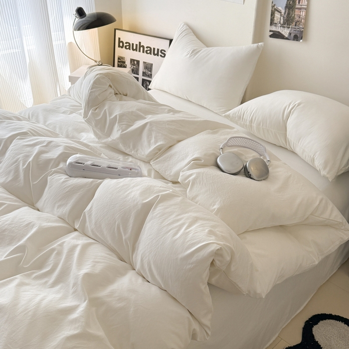 91家纺网 家纺一手货源 找家纺 桔禾家纺 2025新款ins风纯色水洗棉四件套双拼水洗棉学生三件套四件套 月光白