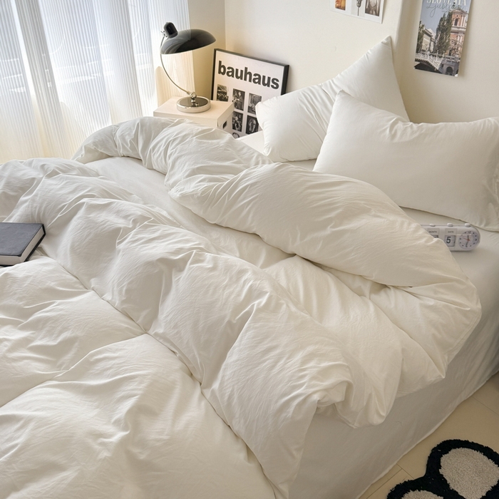 91家纺网 家纺一手货源 找家纺 桔禾家纺 2025新款ins风纯色水洗棉四件套双拼水洗棉学生三件套四件套 月光白