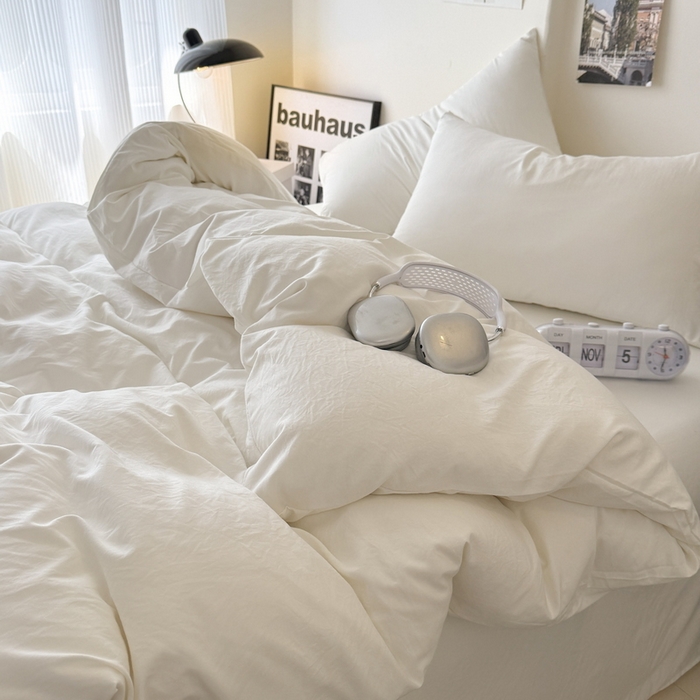 91家纺网 家纺一手货源 找家纺 桔禾家纺 2025新款ins风纯色水洗棉四件套双拼水洗棉学生三件套四件套 月光白