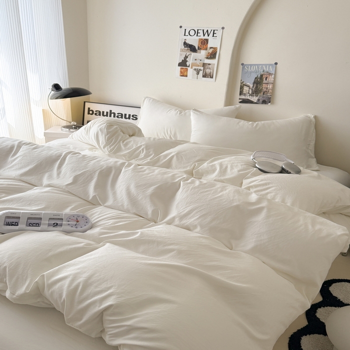 91家纺网 家纺一手货源 找家纺 桔禾家纺 2025新款ins风纯色水洗棉四件套双拼水洗棉学生三件套四件套 月光白