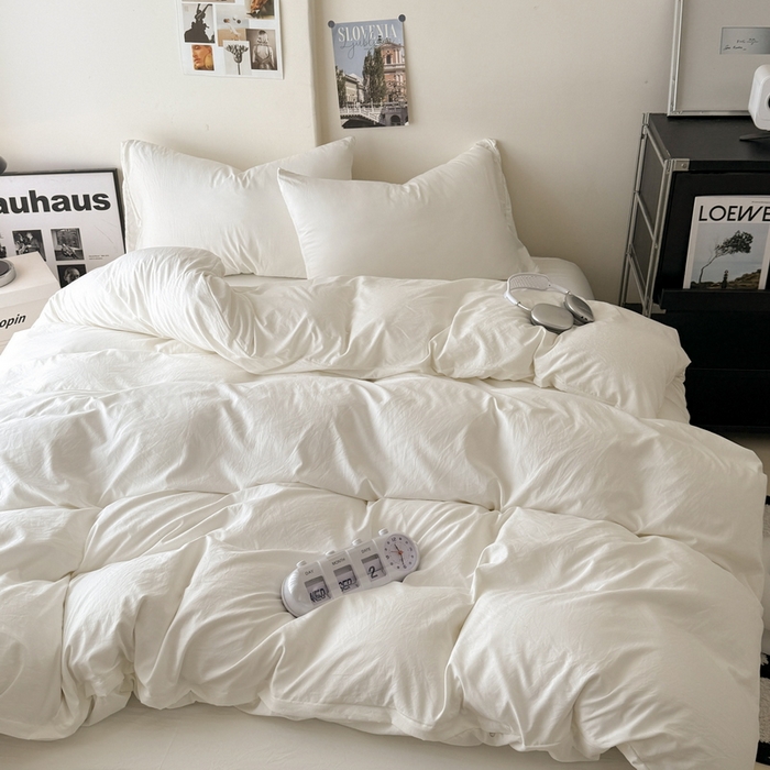 91家纺网 家纺一手货源 找家纺 桔禾家纺 2025新款ins风纯色水洗棉四件套双拼水洗棉学生三件套四件套 月光白