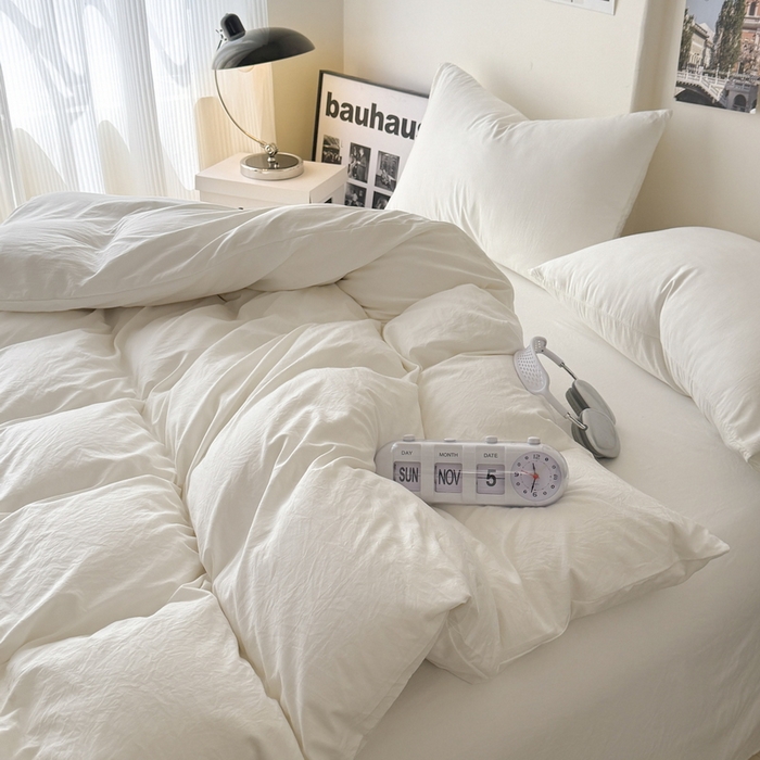 91家纺网 家纺一手货源 找家纺 桔禾家纺 2025新款ins风纯色水洗棉四件套双拼水洗棉学生三件套四件套 月光白