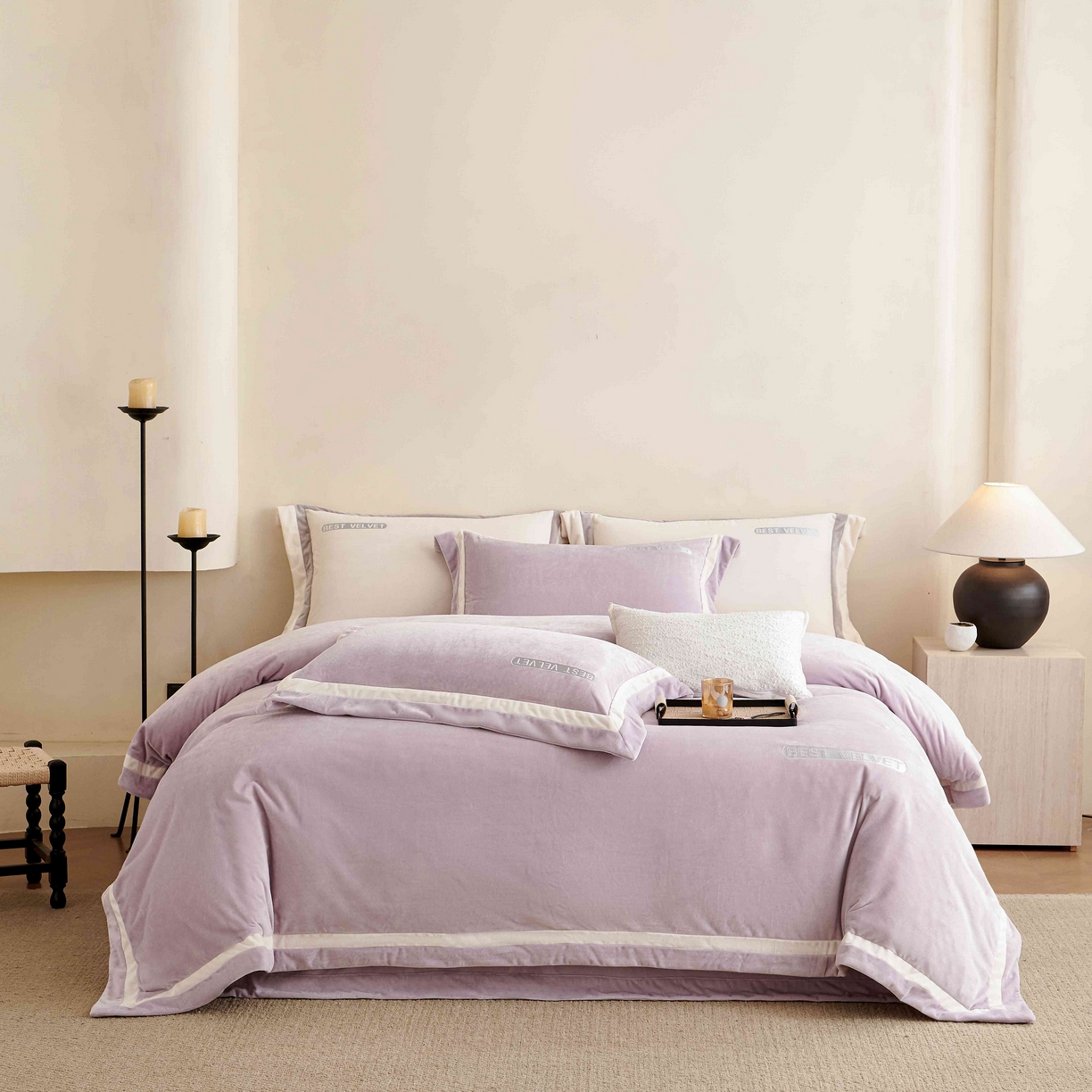 91家纺网 家纺一手货源 找家纺 榻尚家居 2025新款婴肤牛奶绒拼色工艺绣花四件套-米菲 米菲-藤紫