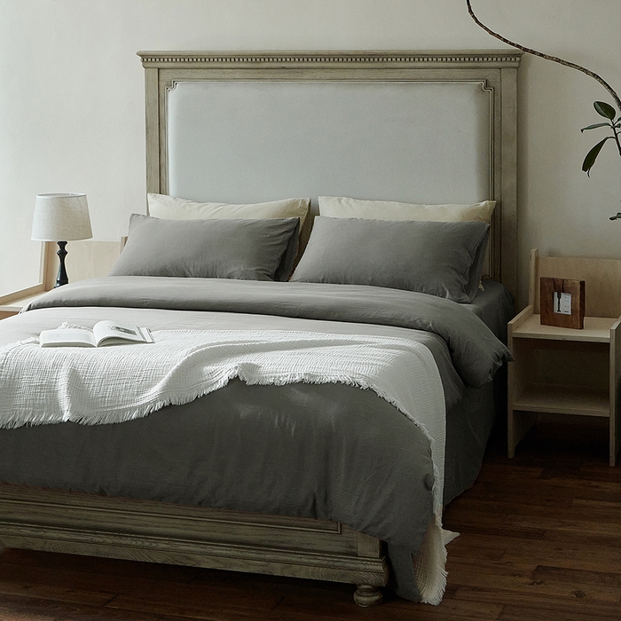 91家纺网 家纺一手货源 找家纺 子和家居 2025新款80支高密全棉双层纱四件套-云憩 云憩-太空灰