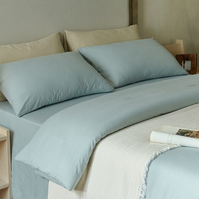 91家纺网 家纺一手货源 找家纺 子和家居 2025新款80支高密全棉双层纱四件套-云憩 云憩-烟灰蓝