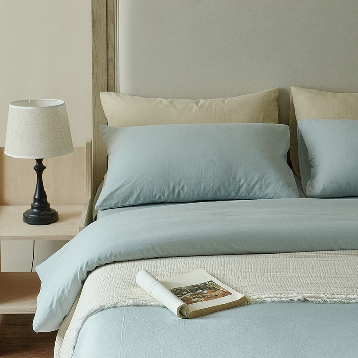 91家纺网 家纺一手货源 找家纺 子和家居 2025新款80支高密全棉双层纱四件套-云憩 云憩-烟灰蓝