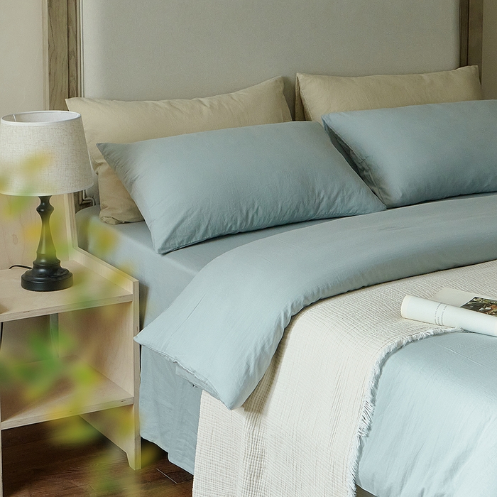 91家纺网 家纺一手货源 找家纺 子和家居 2025新款80支高密全棉双层纱四件套-云憩 云憩-烟灰蓝