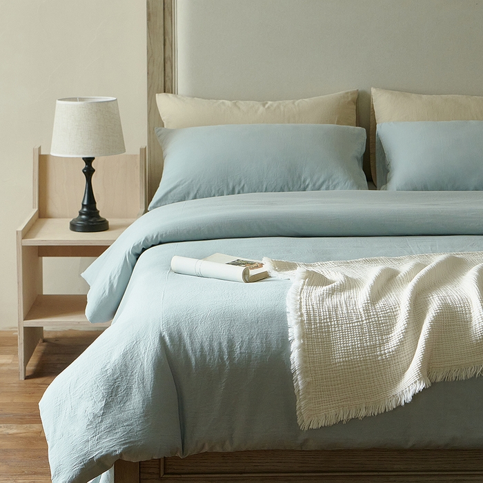 91家纺网 家纺一手货源 找家纺 子和家居 2025新款80支高密全棉双层纱四件套-云憩 云憩-烟灰蓝