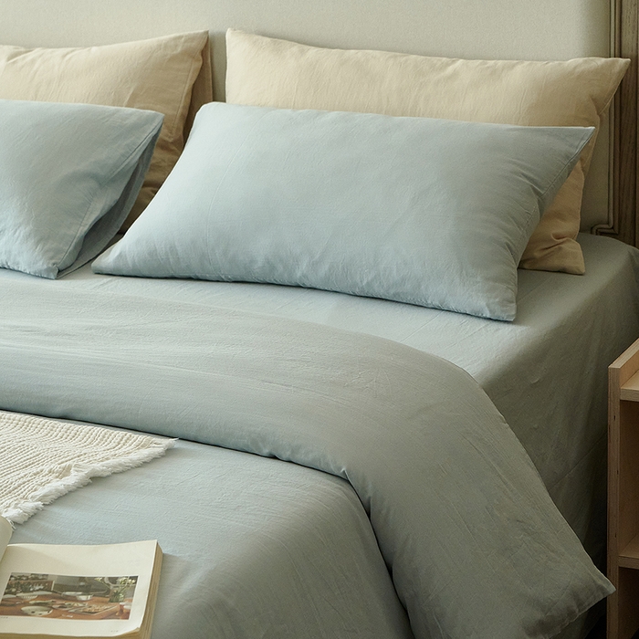 91家纺网 家纺一手货源 找家纺 子和家居 2025新款80支高密全棉双层纱四件套-云憩 云憩-烟灰蓝