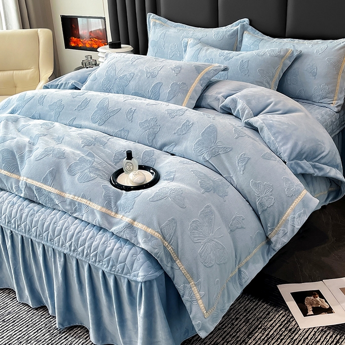 91家纺网 家纺一手货源 找家纺 妮恒美家纺 2025新款10斤床盖款牛奶绒四件套（控价最低价不得低于198） 床盖款-海蓝灰