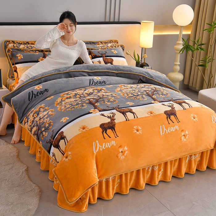 91家纺网 家纺一手货源 找家纺 （总） 妮恒美 2025新款牛奶绒印花床裙款四件套法莱绒四件套珊瑚金貂绒四件套