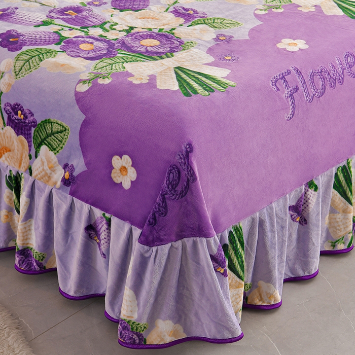 91家纺网 家纺一手货源 找家纺 妮恒美 2025新款牛奶绒印花床裙款四件套法莱绒四件套珊瑚金貂绒四件套 淡香怡人