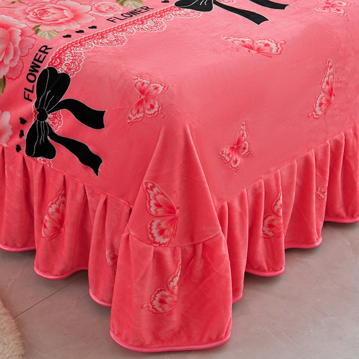 91家纺网 家纺一手货源 找家纺 妮恒美 2025新款牛奶绒印花床裙款四件套法莱绒四件套珊瑚金貂绒四件套 粉恋