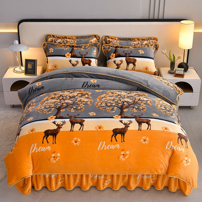 91家纺网 家纺一手货源 找家纺  妮恒美 2025新款牛奶绒印花床裙款四件套法莱绒四件套珊瑚金貂绒四件套 麋鹿森林