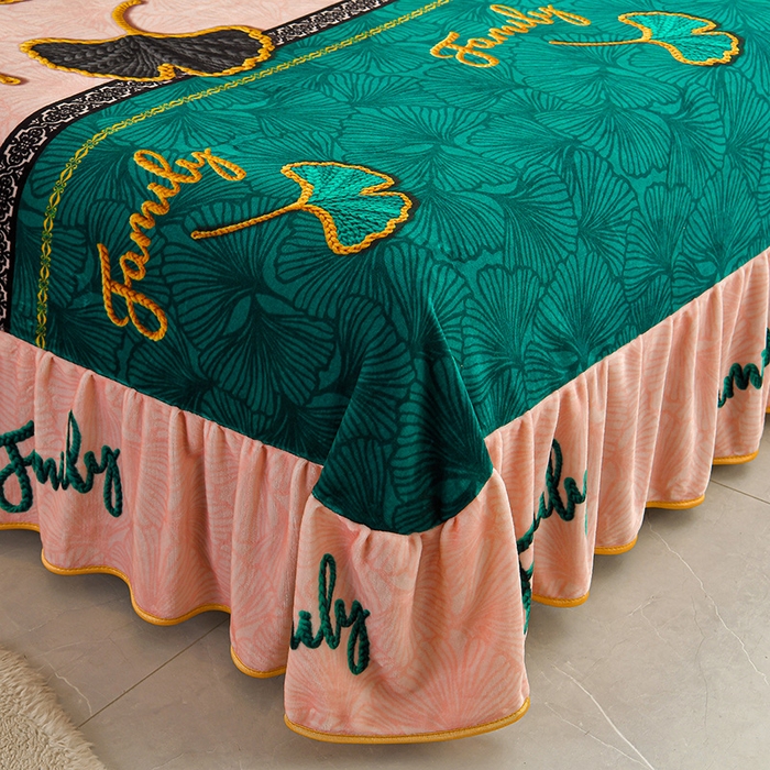 91家纺网 家纺一手货源 找家纺  妮恒美 2025新款牛奶绒印花床裙款四件套法莱绒四件套珊瑚金貂绒四件套 三生有杏