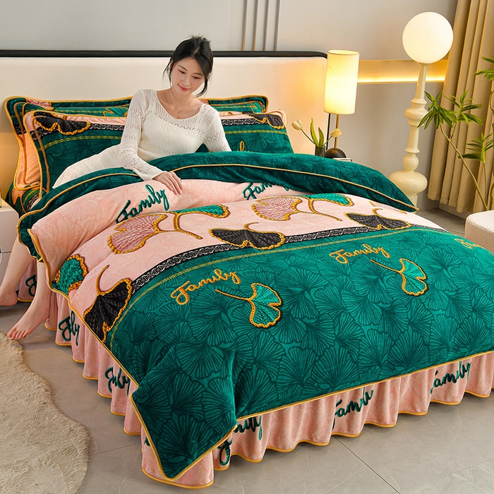 妮恒美 2025新款牛奶绒印花床裙款四件套法莱绒四件套珊瑚金貂绒四件套 三生有杏
