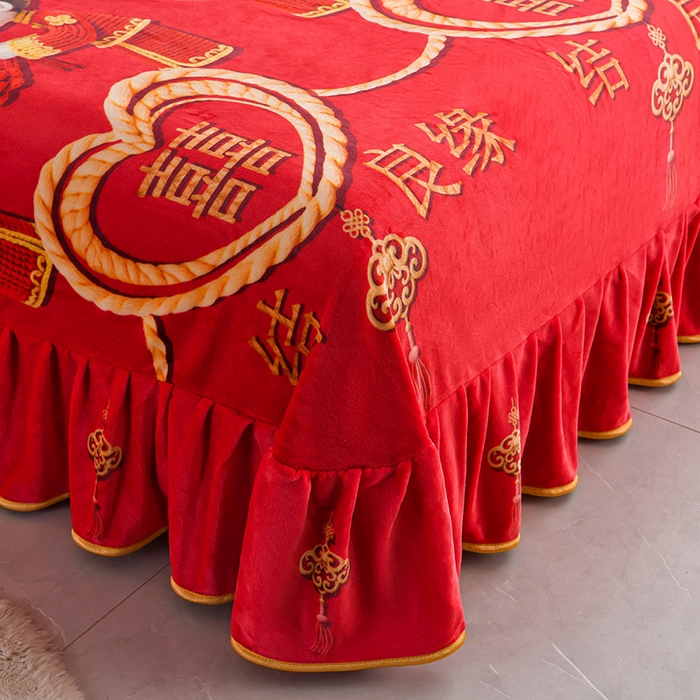 91家纺网 家纺一手货源 找家纺  妮恒美 2025新款牛奶绒印花床裙款四件套法莱绒四件套珊瑚金貂绒四件套 喜结良缘