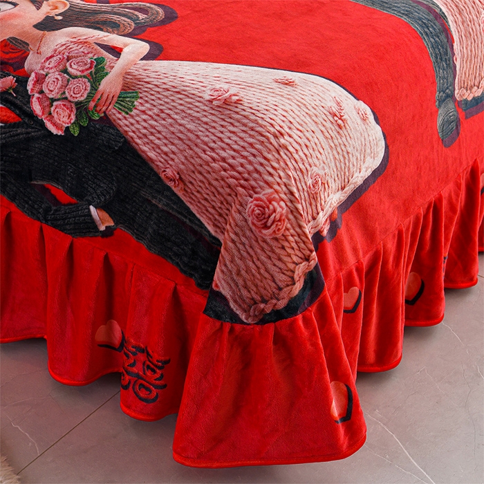 91家纺网 家纺一手货源 找家纺 妮恒美 2025新款牛奶绒印花床裙款四件套法莱绒四件套珊瑚金貂绒四件套 相亲相爱