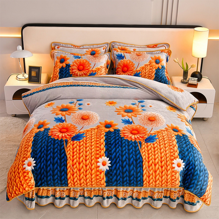 91家纺网 家纺一手货源 找家纺 妮恒美 2025新款牛奶绒印花床裙款四件套法莱绒四件套珊瑚金貂绒四件套 向阳花开