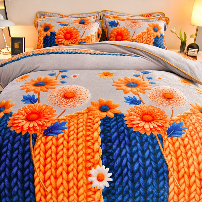 91家纺网 家纺一手货源 找家纺 妮恒美 2025新款牛奶绒印花床裙款四件套法莱绒四件套珊瑚金貂绒四件套 向阳花开