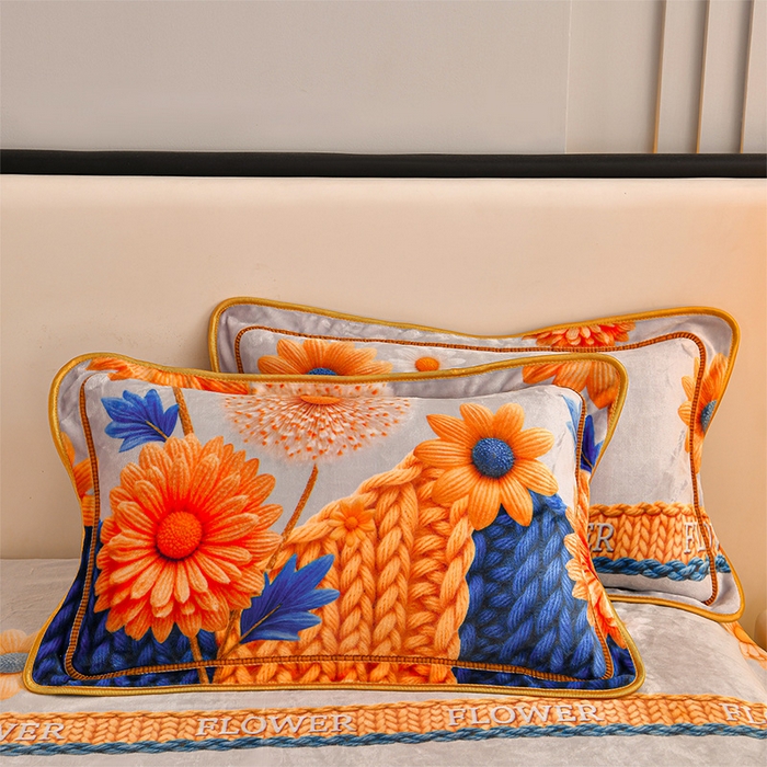 91家纺网 家纺一手货源 找家纺 妮恒美 2025新款牛奶绒印花床裙款四件套法莱绒四件套珊瑚金貂绒四件套 向阳花开