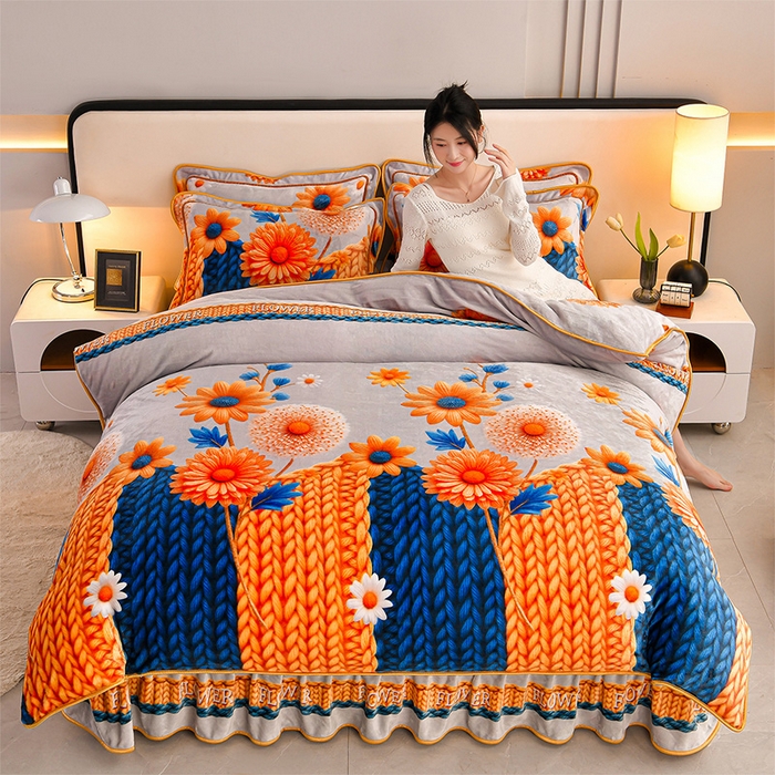 91家纺网 家纺一手货源 找家纺 妮恒美 2025新款牛奶绒印花床裙款四件套法莱绒四件套珊瑚金貂绒四件套 向阳花开