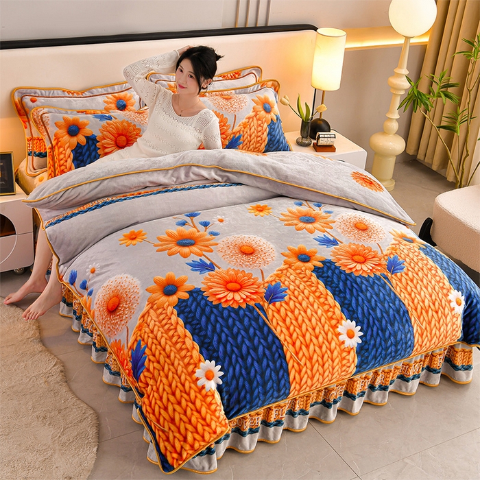 91家纺网 家纺一手货源 找家纺 妮恒美 2025新款牛奶绒印花床裙款四件套法莱绒四件套珊瑚金貂绒四件套 向阳花开