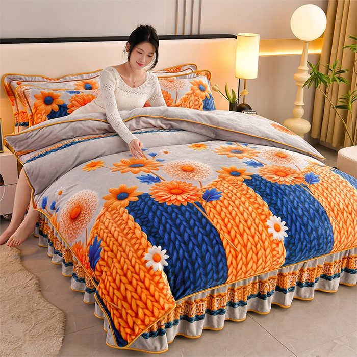 妮恒美 2025新款牛奶绒印花床裙款四件套法莱绒四件套珊瑚金貂绒四件套 向阳花开