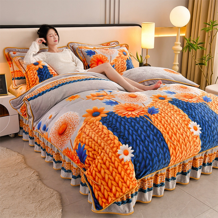 91家纺网 家纺一手货源 找家纺 妮恒美 2025新款牛奶绒印花床裙款四件套法莱绒四件套珊瑚金貂绒四件套 向阳花开