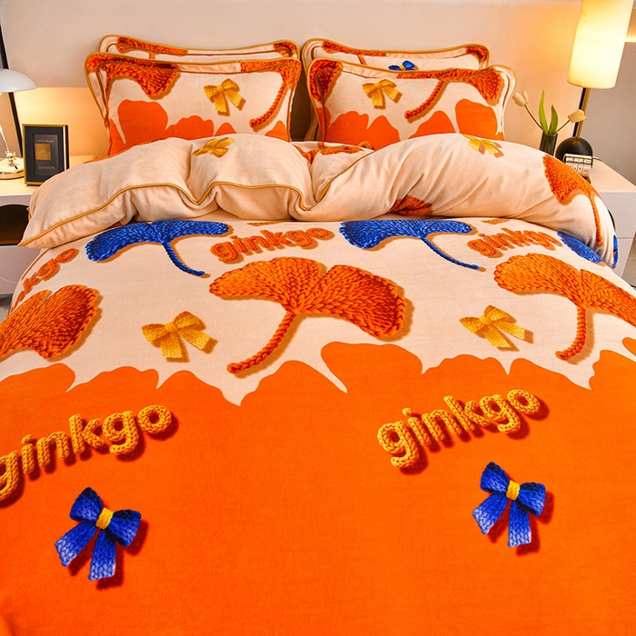 91家纺网 家纺一手货源 找家纺  妮恒美 2025新款牛奶绒印花床裙款四件套法莱绒四件套珊瑚金貂绒四件套 杏运一生