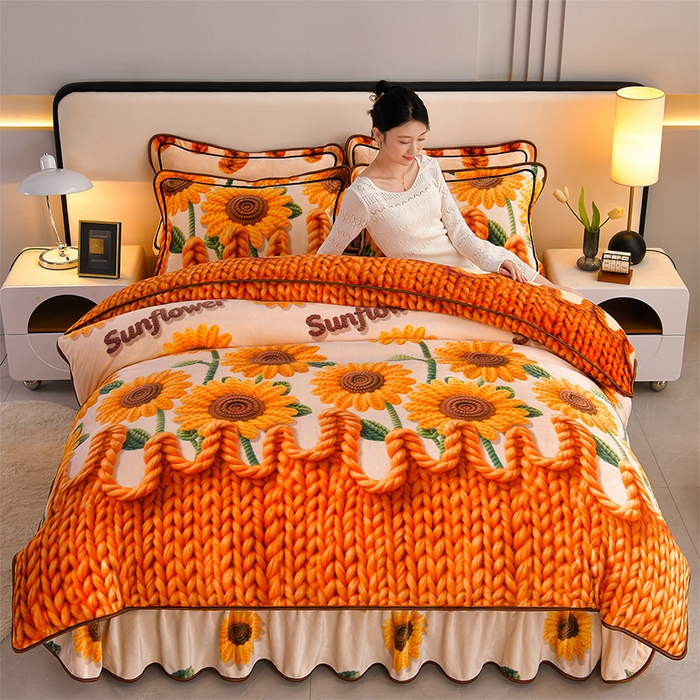 91家纺网 家纺一手货源 找家纺 妮恒美 2025新款牛奶绒印花床裙款四件套法莱绒四件套珊瑚金貂绒四件套 一举夺葵