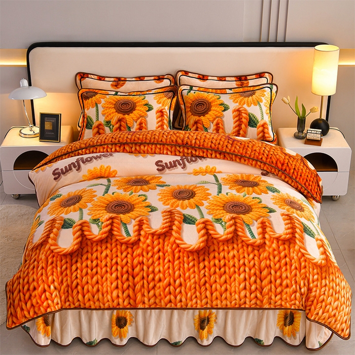 91家纺网 家纺一手货源 找家纺 妮恒美 2025新款牛奶绒印花床裙款四件套法莱绒四件套珊瑚金貂绒四件套 一举夺葵