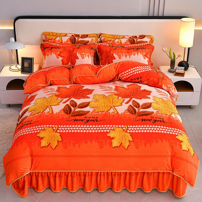 91家纺网 家纺一手货源 找家纺  妮恒美 2025新款牛奶绒印花床裙款四件套法莱绒四件套珊瑚金貂绒四件套 一往情深