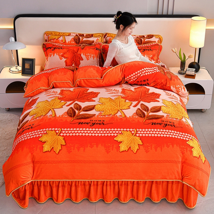 91家纺网 家纺一手货源 找家纺  妮恒美 2025新款牛奶绒印花床裙款四件套法莱绒四件套珊瑚金貂绒四件套 一往情深