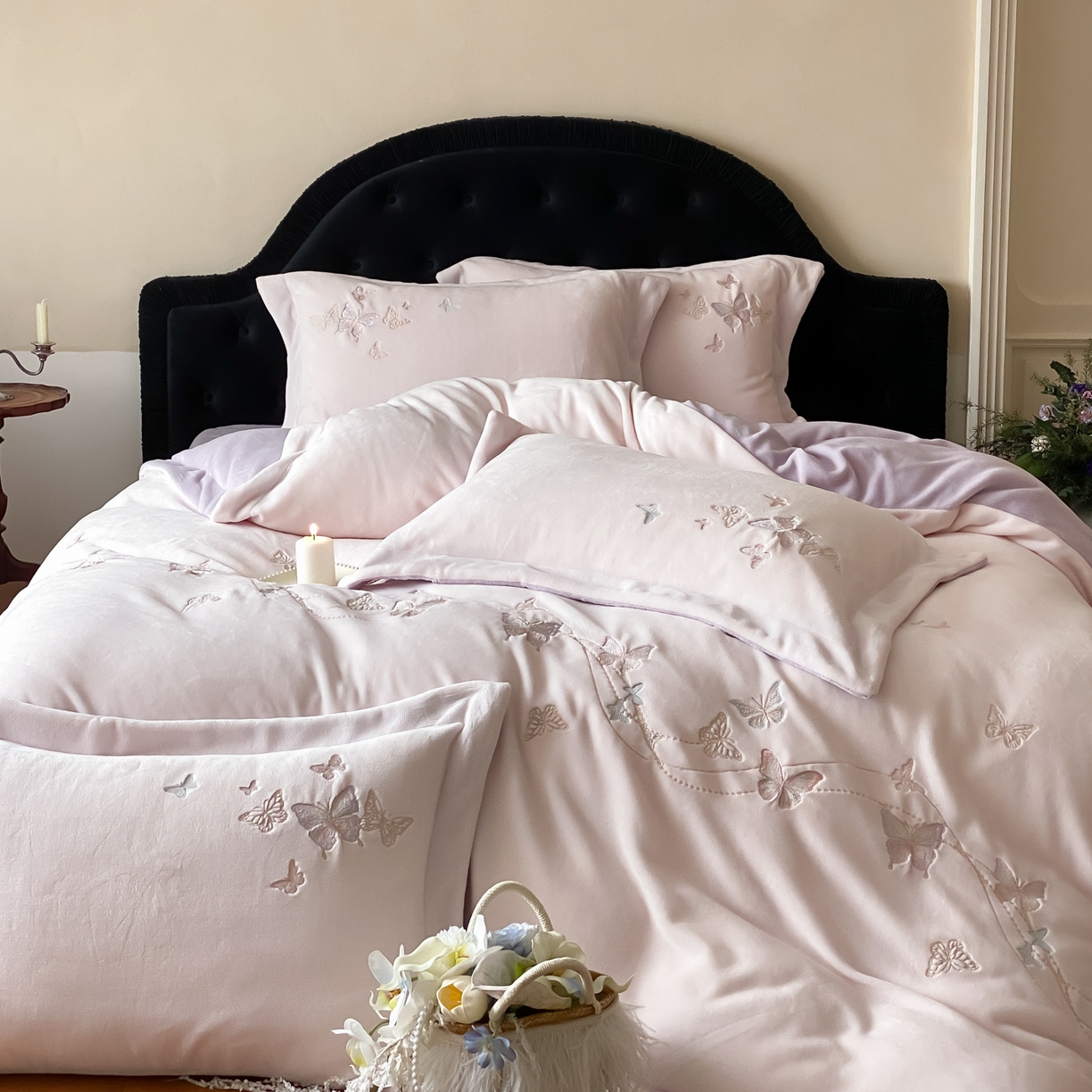 91家纺网 家纺一手货源 找家纺 （总）云栖家居 2025秋冬新款加厚纯色刺绣牛奶绒四件套-福蝶多多