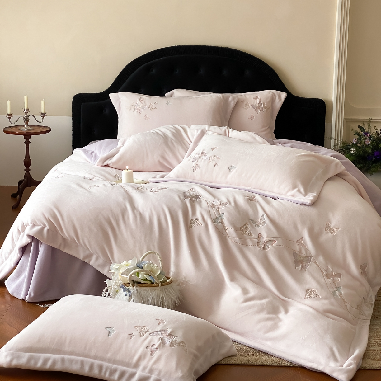 91家纺网 家纺一手货源 找家纺 云栖家居 2025秋冬新款加厚纯色刺绣牛奶绒四件套-福蝶多多 福蝶多多-紫