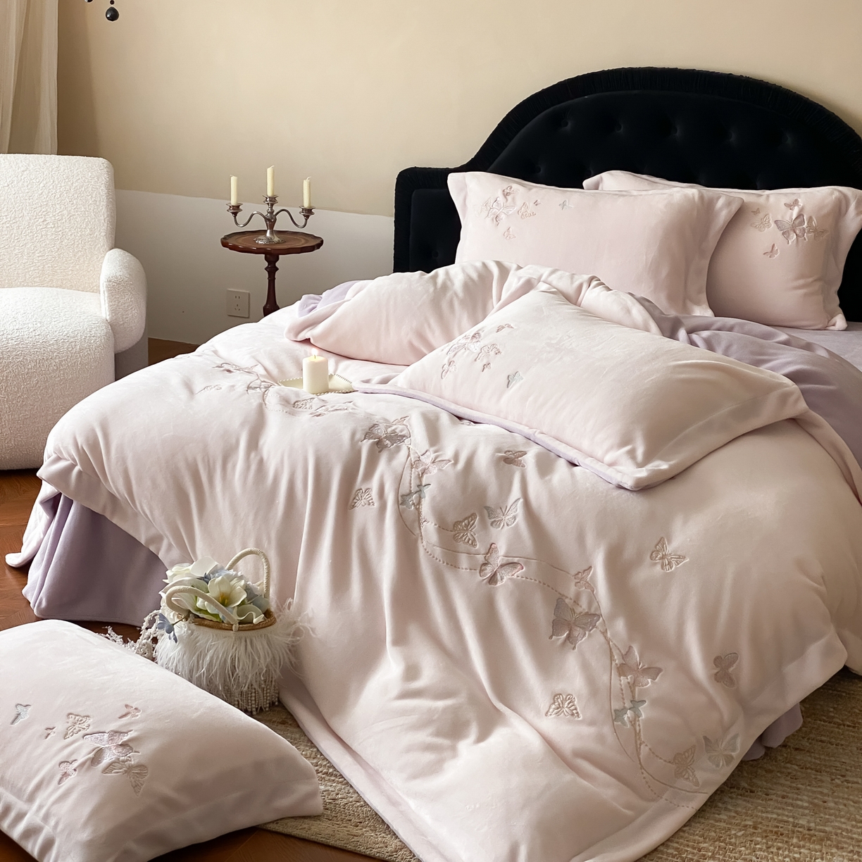 91家纺网 家纺一手货源 找家纺 云栖家居 2025秋冬新款加厚纯色刺绣牛奶绒四件套-福蝶多多 福蝶多多-紫