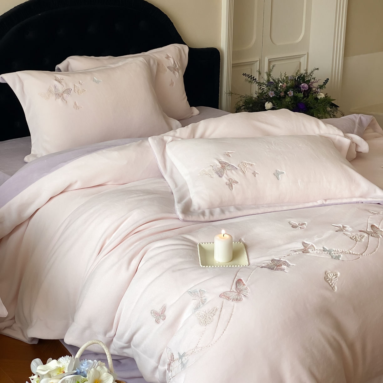 91家纺网 家纺一手货源 找家纺 云栖家居 2025秋冬新款加厚纯色刺绣牛奶绒四件套-福蝶多多 福蝶多多-紫