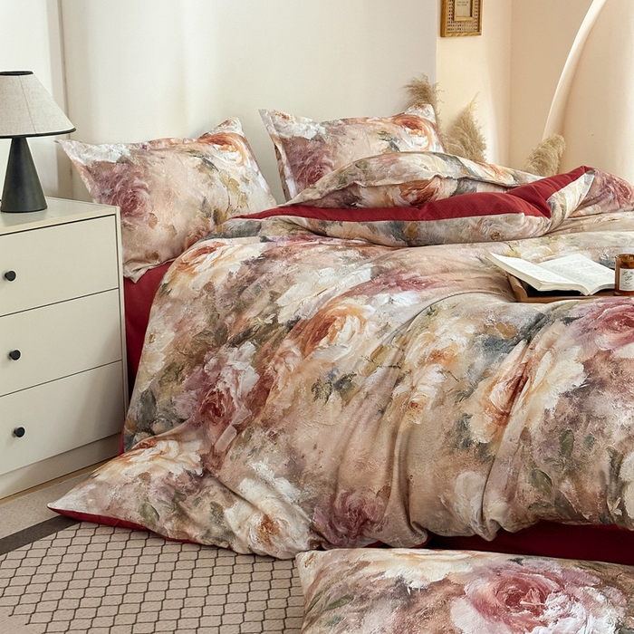 91家纺网 家纺一手货源 找家纺 （总）桔禾家纺 2025新款田园花卉小清新直播加厚植物羊绒四件套高克重磨毛跨境四件套 大量现货