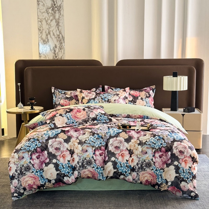 91家纺网 家纺一手货源 找家纺 桔禾家纺 2025新款田园花卉小清新直播加厚植物羊绒四件套高克重磨毛跨境四件套 大量现货 沁香花语