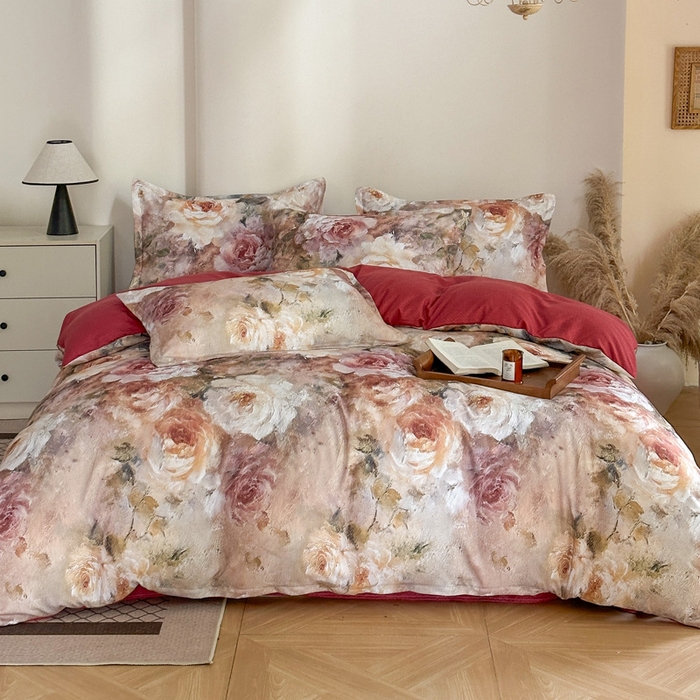 91家纺网 家纺一手货源 找家纺 （总）桔禾家纺 2025新款田园花卉小清新直播加厚植物羊绒四件套高克重磨毛跨境四件套 大量现货