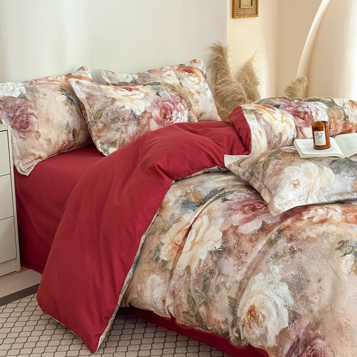 91家纺网 家纺一手货源 找家纺 （总）桔禾家纺 2025新款田园花卉小清新直播加厚植物羊绒四件套高克重磨毛跨境四件套 大量现货