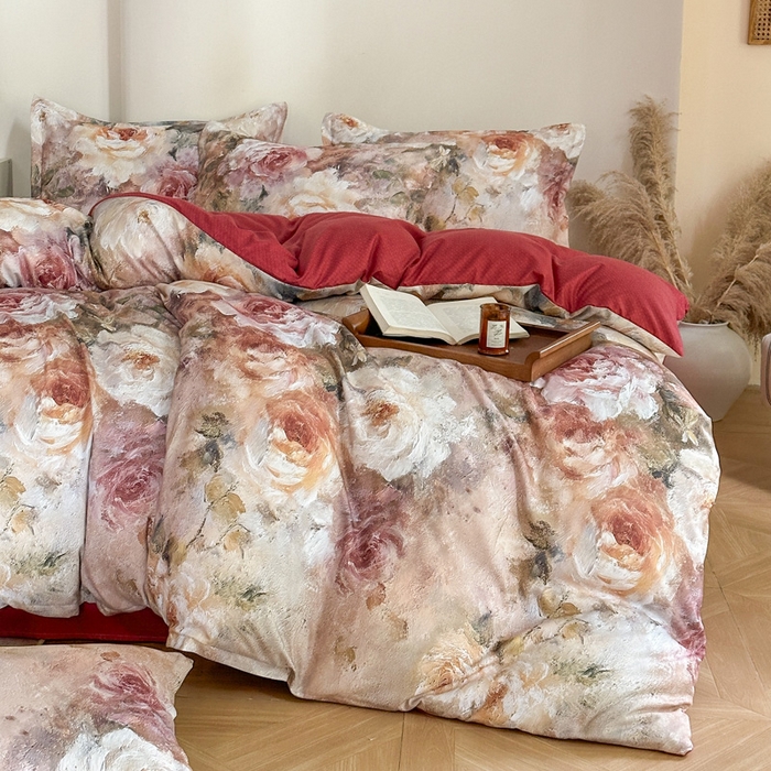 91家纺网 家纺一手货源 找家纺 （总）桔禾家纺 2025新款田园花卉小清新直播加厚植物羊绒四件套高克重磨毛跨境四件套 大量现货