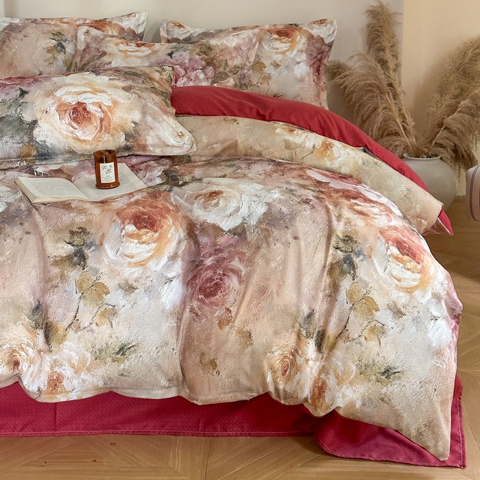 91家纺网 家纺一手货源 找家纺 （总）桔禾家纺 2025新款田园花卉小清新直播加厚植物羊绒四件套高克重磨毛跨境四件套 大量现货