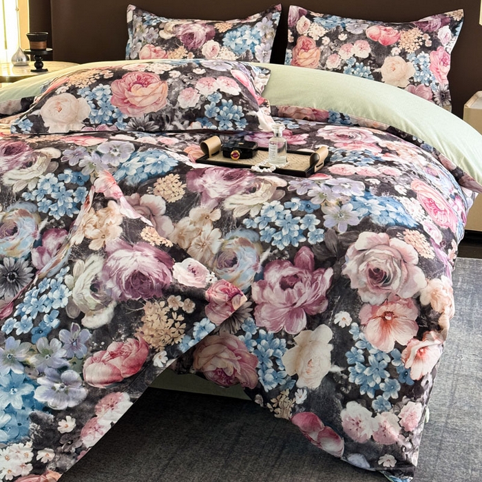 91家纺网 家纺一手货源 找家纺 桔禾家纺 2025新款田园花卉小清新直播加厚植物羊绒四件套高克重磨毛跨境四件套 大量现货 沁香花语