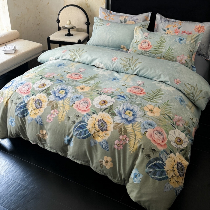 91家纺网 家纺一手货源 找家纺 桔禾家纺 2025新款田园花卉小清新直播加厚植物羊绒四件套高克重磨毛跨境四件套 大量现货 花漾绿