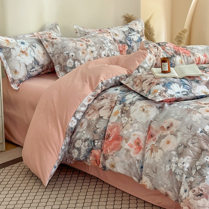 91家纺网 家纺一手货源 找家纺 桔禾家纺 2025新款田园花卉小清新直播加厚植物羊绒四件套高克重磨毛跨境四件套 大量现货 赛里木花